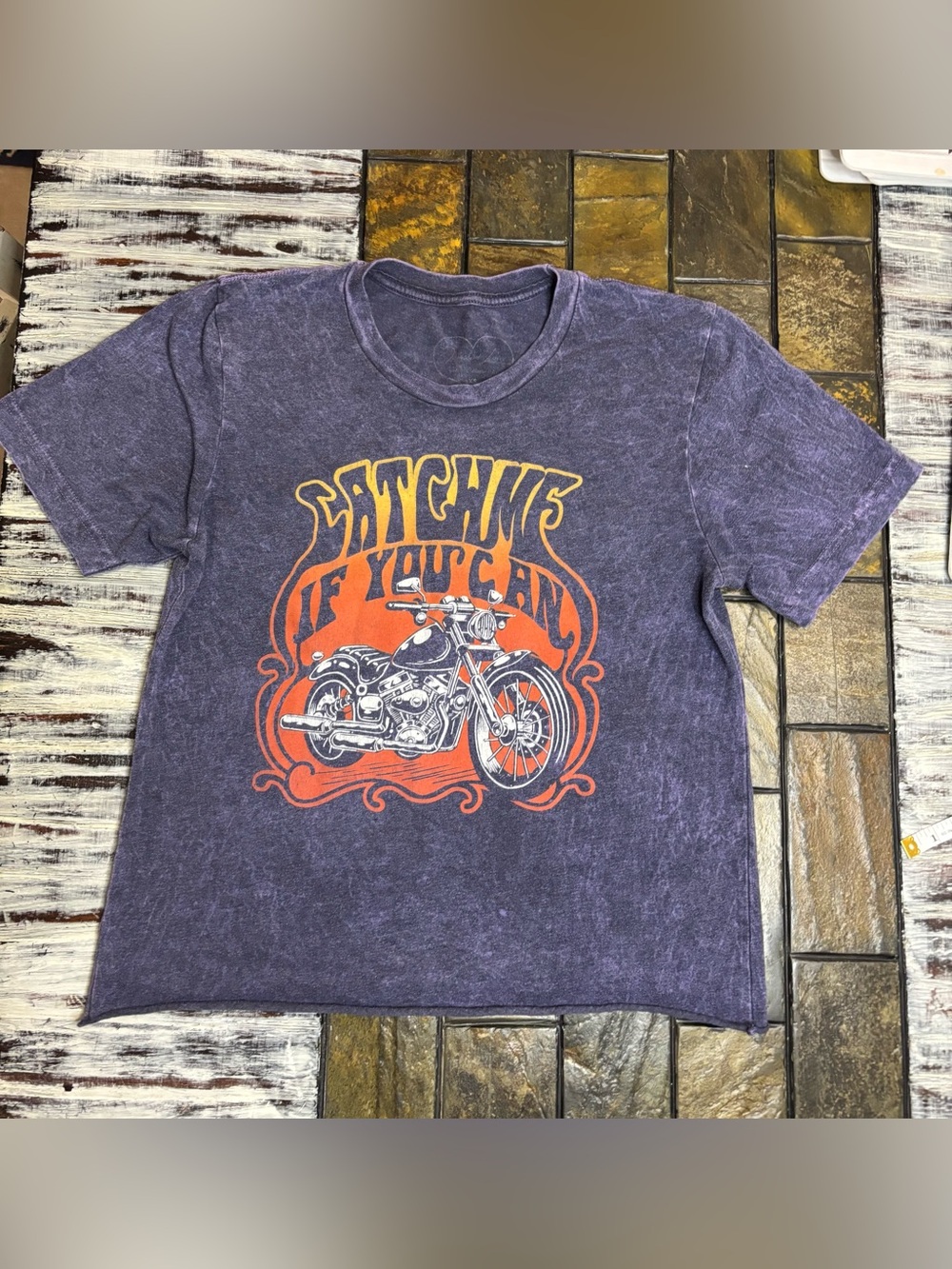 Obsessive Love Women’s Tshirt Cropped Tee Catch Me If You Can XS Blue Motorcycle